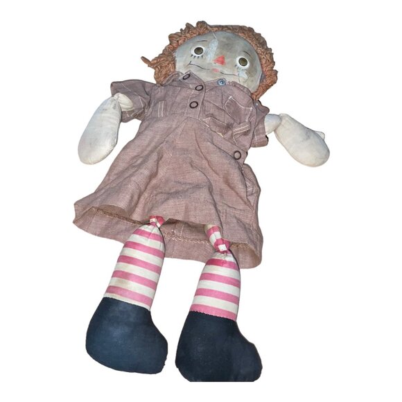 Antique Handmade Rag Doll With Brown Dress & Striped Legs - Picture 1 of 6